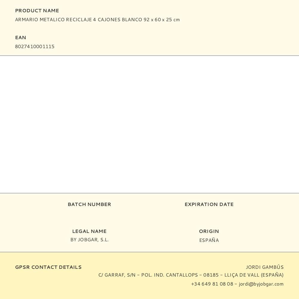ARMARIO METALICO RECICLAJE 4 CAJONES BLANCO 92 x 60 x 25 cm - Imagen 3