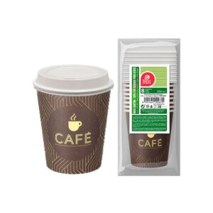 VASOS DE CARTÓN DE CAFE + TAPA CON AGUJERO 250cc, 8 uds