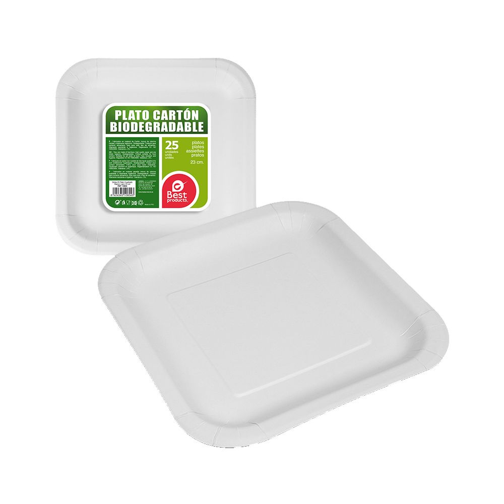 PLATOS DE CARTÓN CUADRADOS BLANCOS 23 x 23 x 2 cm, 25 uds