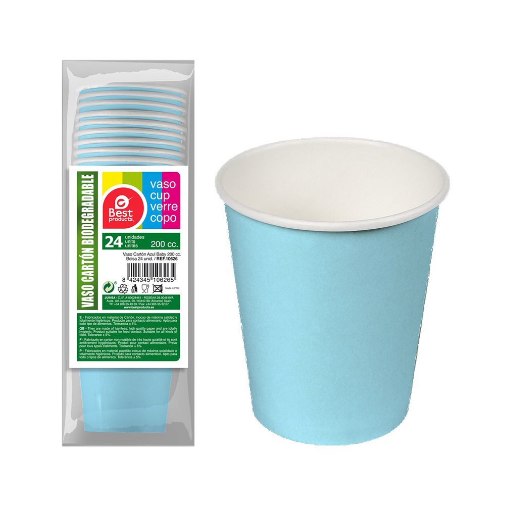 VASOS DE CARTÓN AZULES BABY 200cc, 24 uds