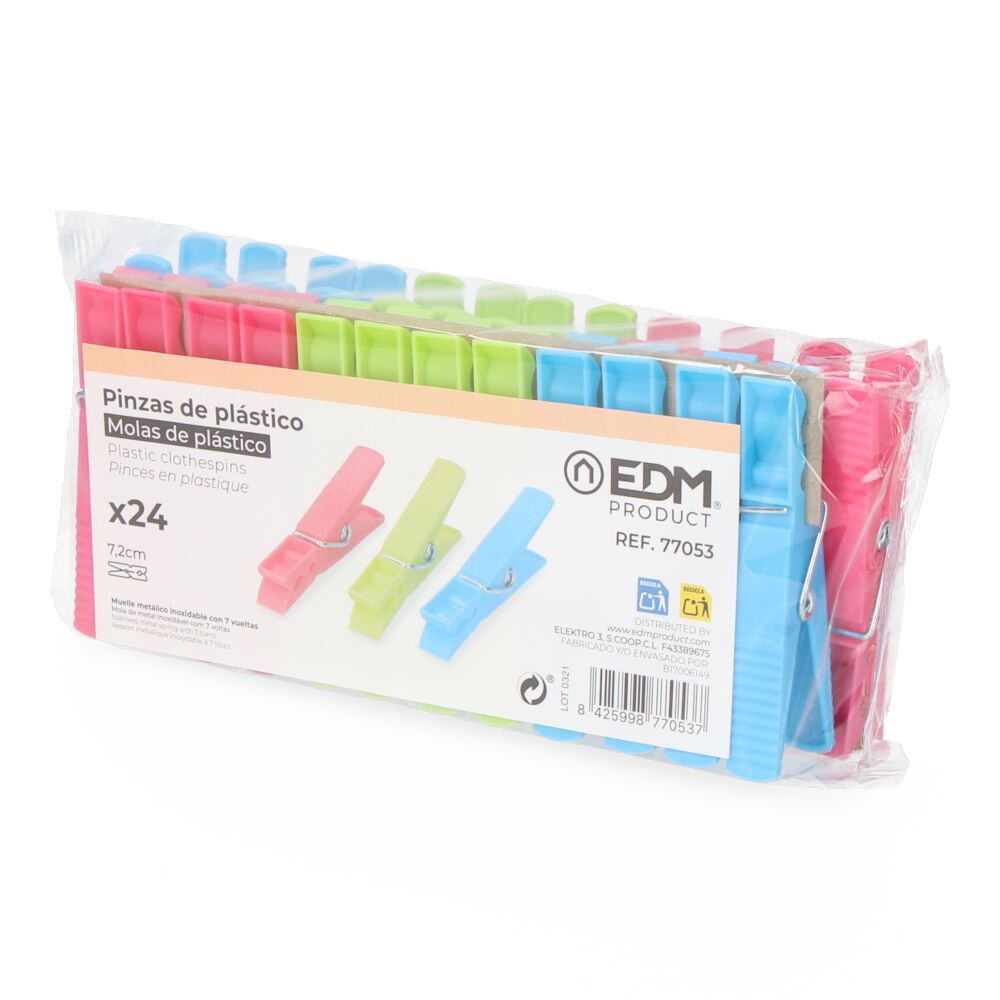 24 PINZAS DE PLÁSTICO DE COLORES VARIADOS 7,2 cm - Imagen 2