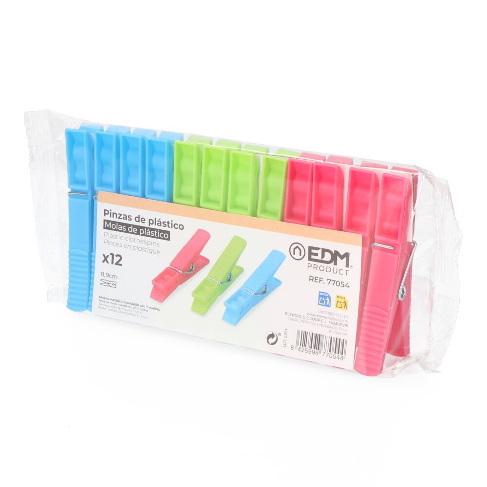 12 PINZAS DE PLÁSTICO DE COLORES VARIADOS 9 cm - Imagen 2