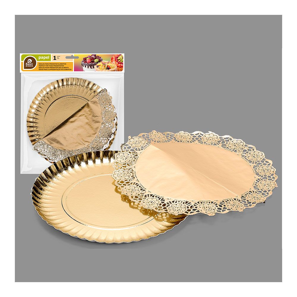 BANDEJA REDONDA CON BLONDA ORO Ø23 cm - Imagen 2