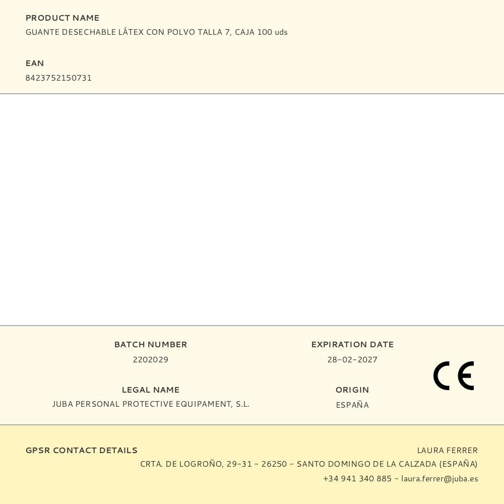 GUANTE LÁTEX, CON POLVO, DESECHABLE, BLANCO, T-07, CAJA 100 uds - Imagen 5