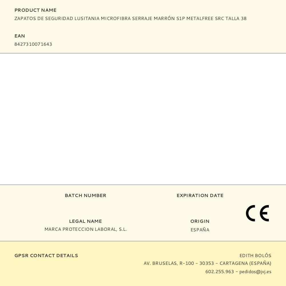 ZAPATOS DE SEGURIDAD LUSITANIA MICROFIBRA SERRAJE MARRÓN S1P METALFREE SRC TALLA 38 - Imagen 2