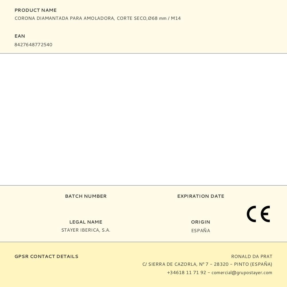 CORONA DIAMANTADA PARA AMOLADORA, CORTE SECO,Ø68 mm / M14 - Imagen 2