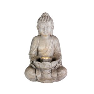 FUENTE DE CERÁMICA PARA EXTERIOR, MODELO BUDA, CON LED LUZ CÁLIDA, 28 x 29,5 x 45 cm
