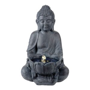 FUENTE SOLAR PARA EXTERIOR IP68, DE POLIRESINA, MODELO BUDA, LUZ CÁLIDA, 29,5 x 28 x 45 cm