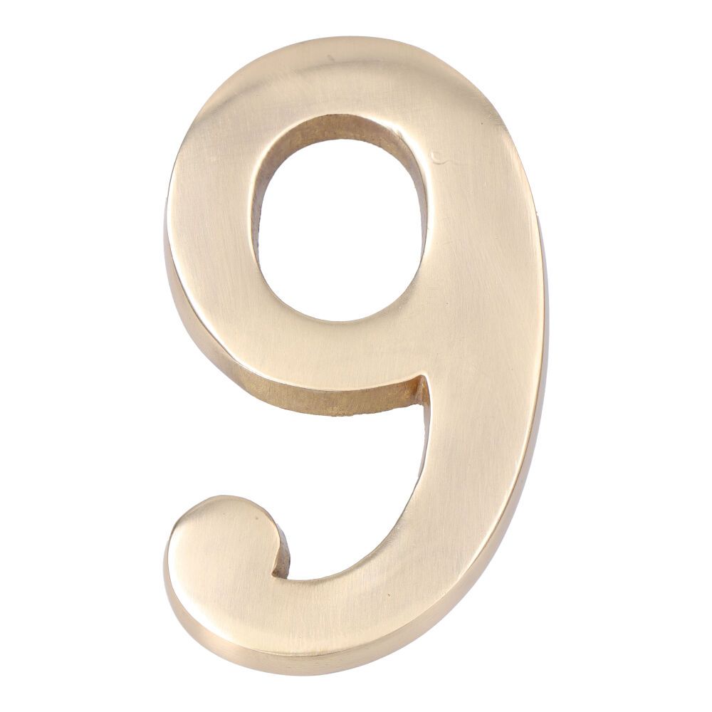 NÚMERO 9, DE LATÓN CON ACABADO PULIDO Y FIJACIÓN INVISIBLE, 10 cm