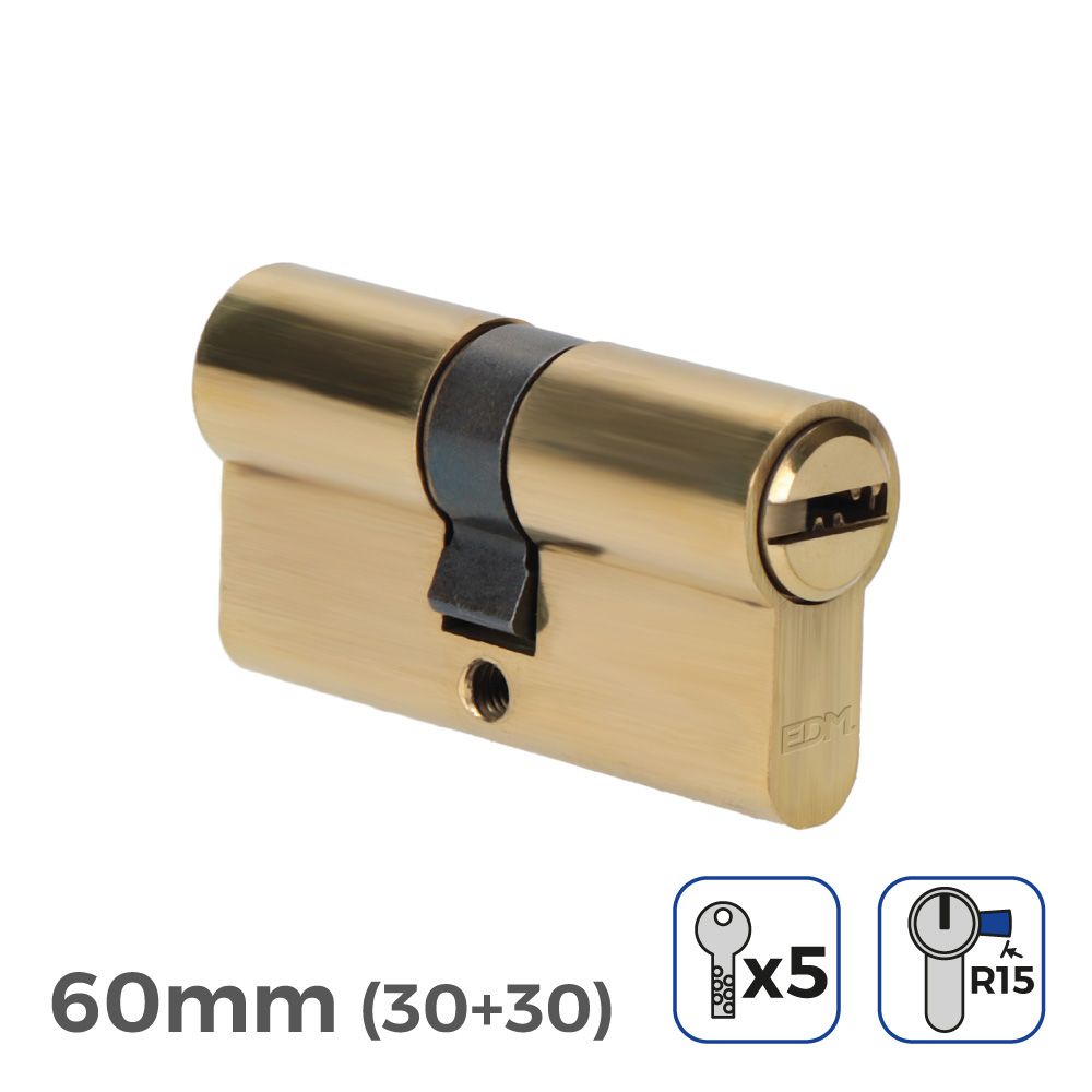 CILINDRO LATÓN 60 mm (30+30 mm) LEVA LARGA R15 CON 5 LLAVES DE SEGURIDAD INCLUIDAS