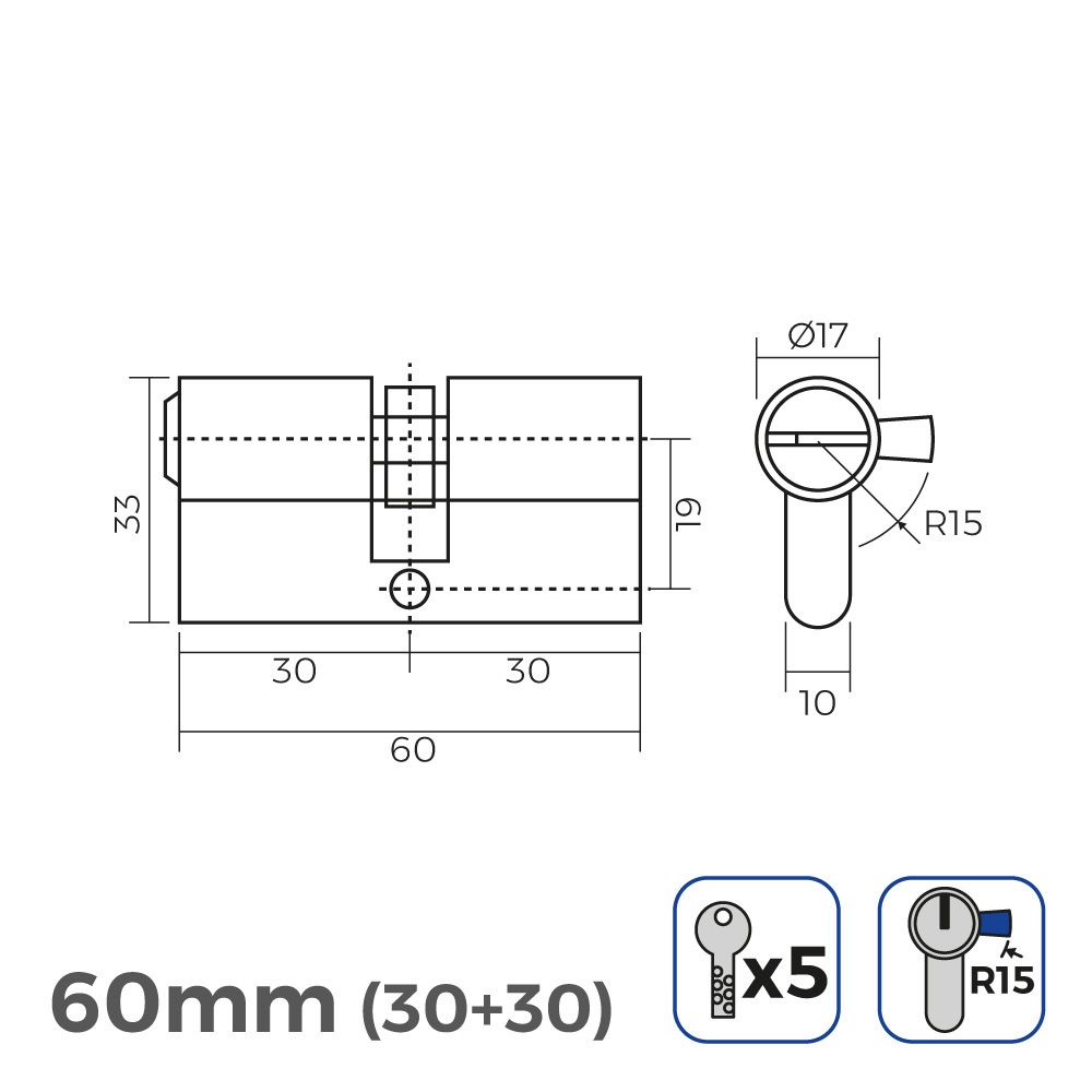 CILINDRO LATÓN 60 mm (30+30 mm) LEVA LARGA R15 CON 5 LLAVES DE SEGURIDAD INCLUIDAS - Imagen 2