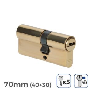 CILINDRO LATÓN 70mm (40+30mm) LEVA LARGA R15 CON 5 LLAVES DE SEGURIDAD INCLUIDAS