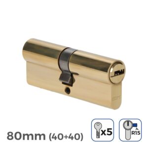 CILINDRO LATÓN 80 mm (40+40 mm) LEVA LARGA R15 CON 5 LLAVES DE SEGURIDAD INCLUIDAS