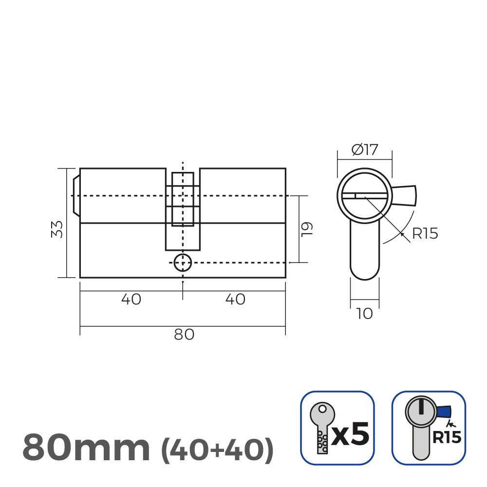 CILINDRO LATÓN 80 mm (40+40 mm) LEVA LARGA R15 CON 5 LLAVES DE SEGURIDAD INCLUIDAS - Imagen 2