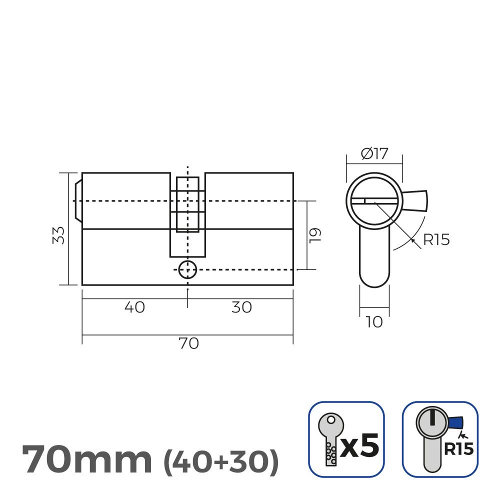 BOMBIN NIQUEL 70mm (40+30mm) LEVA LARGA R15 CON 5 LLAVES SEGURIDAD INCLUIDAS EDM - Imagen 2