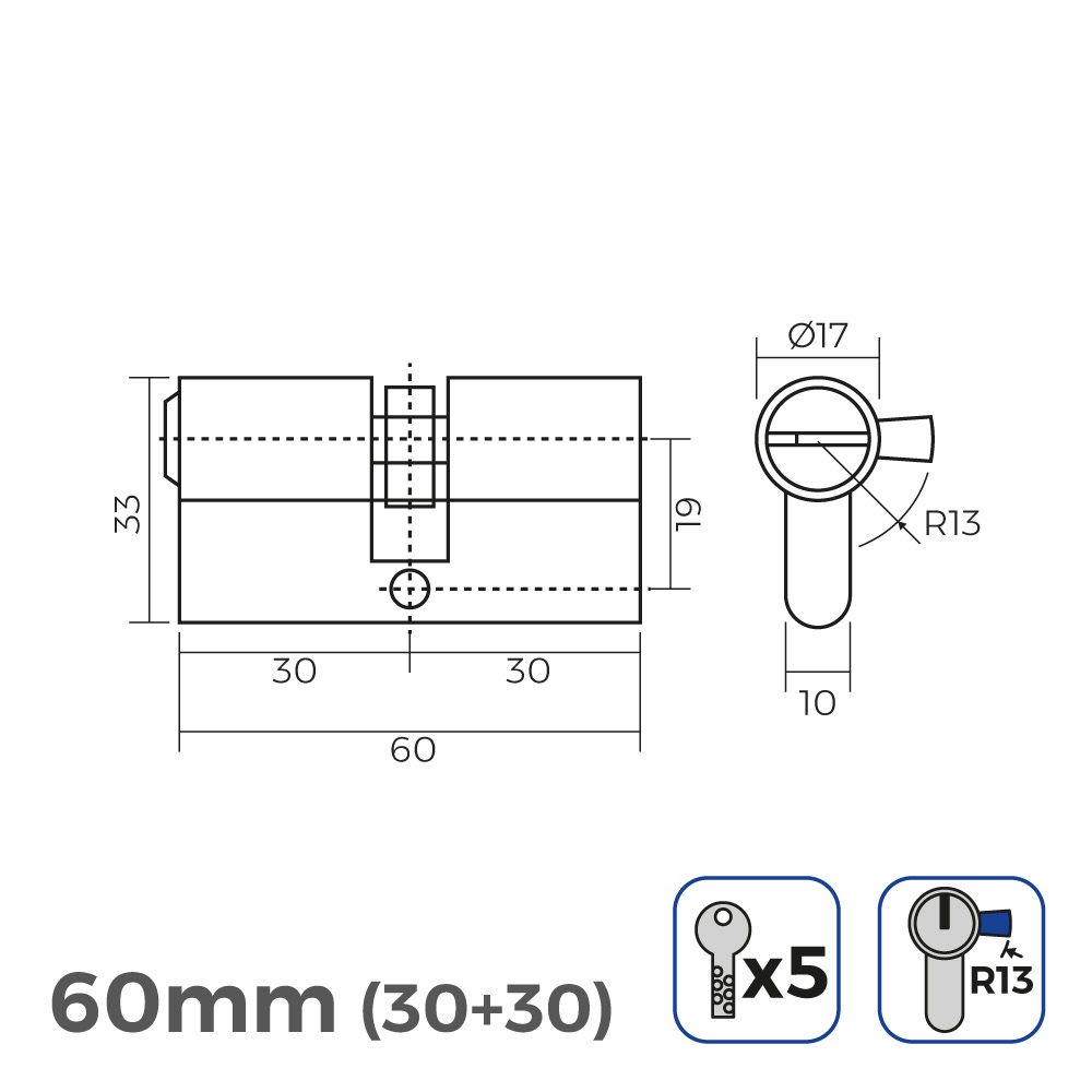 CILINDRO DE LATÓN 60mm (30+30mm) LEVA CORTA R13 CON 5 LLAVES DE SEGURIDAD INCLUIDAS - Imagen 2