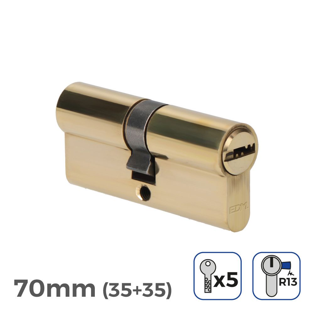 CILINDRO DE LATÓN 70mm (35+35mm) LEVA CORTA R13 CON 5 LLAVES DE SEGURIDAD INCLUIDAS