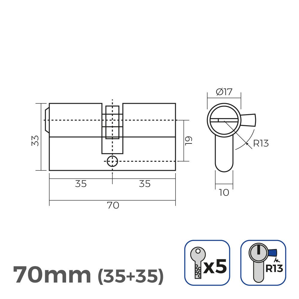 CILINDRO DE LATÓN 70mm (35+35mm) LEVA CORTA R13 CON 5 LLAVES DE SEGURIDAD INCLUIDAS - Imagen 2