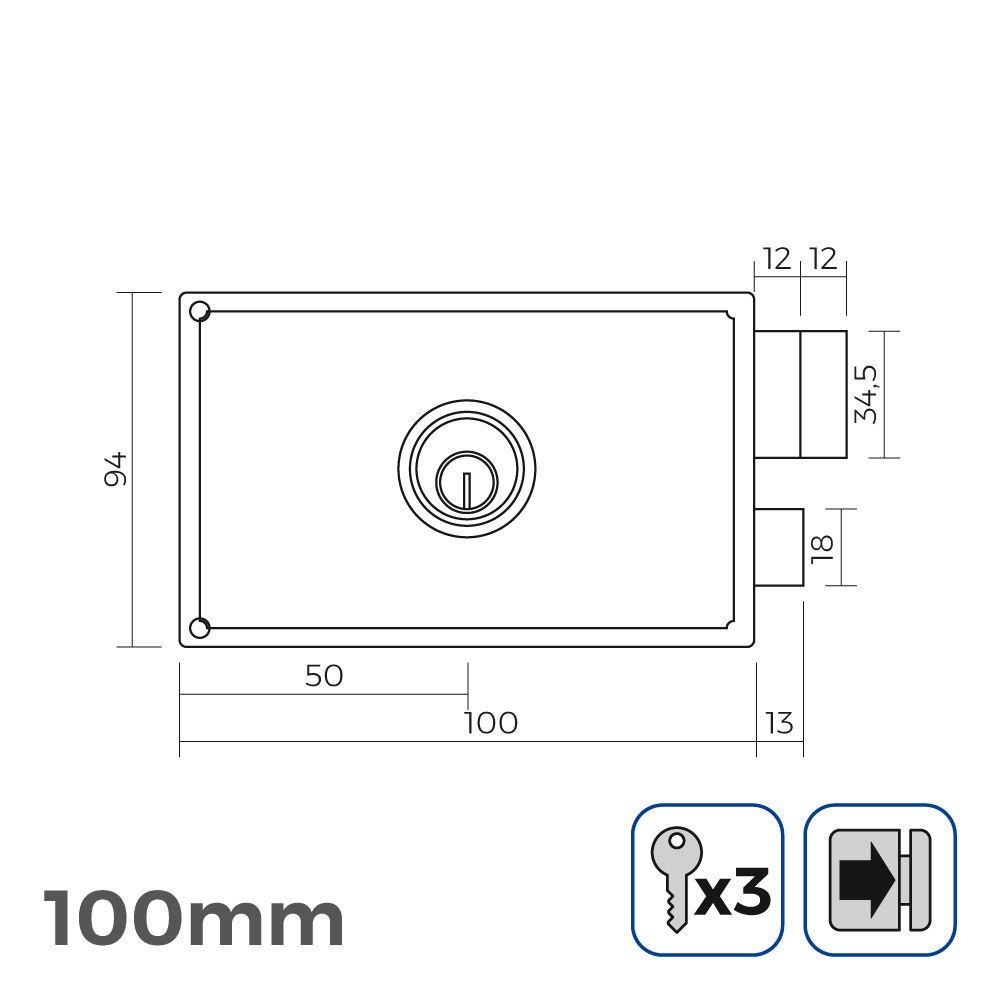 CERRADURA DERECHA 100mm 3 LLAVES INCLUIDAS - Imagen 2