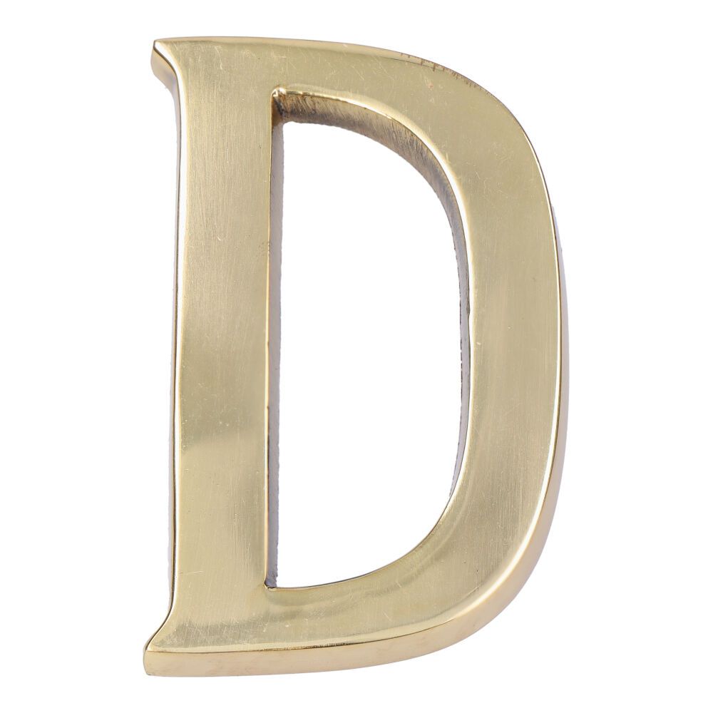 LETRA D, DE LATÓN CON ACABADO PULIDO Y FIJACIÓN INVISIBLE, 10 cm