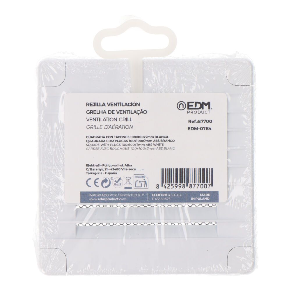 REJILLA VENTILACIÓN CUADRADA CON TAPONES Y MOSQUITERA 100x100x7mm ABS BLANCA - Imagen 3