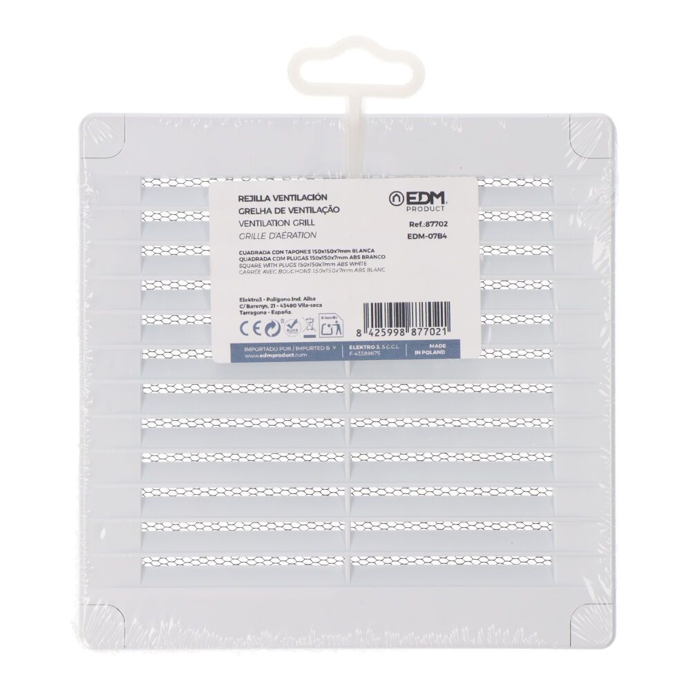 REJILLA VENTILACIÓN CUADRADA CON TAPONES Y MOSQUITERA 150x150x7mm ABS BLANCA - Imagen 3