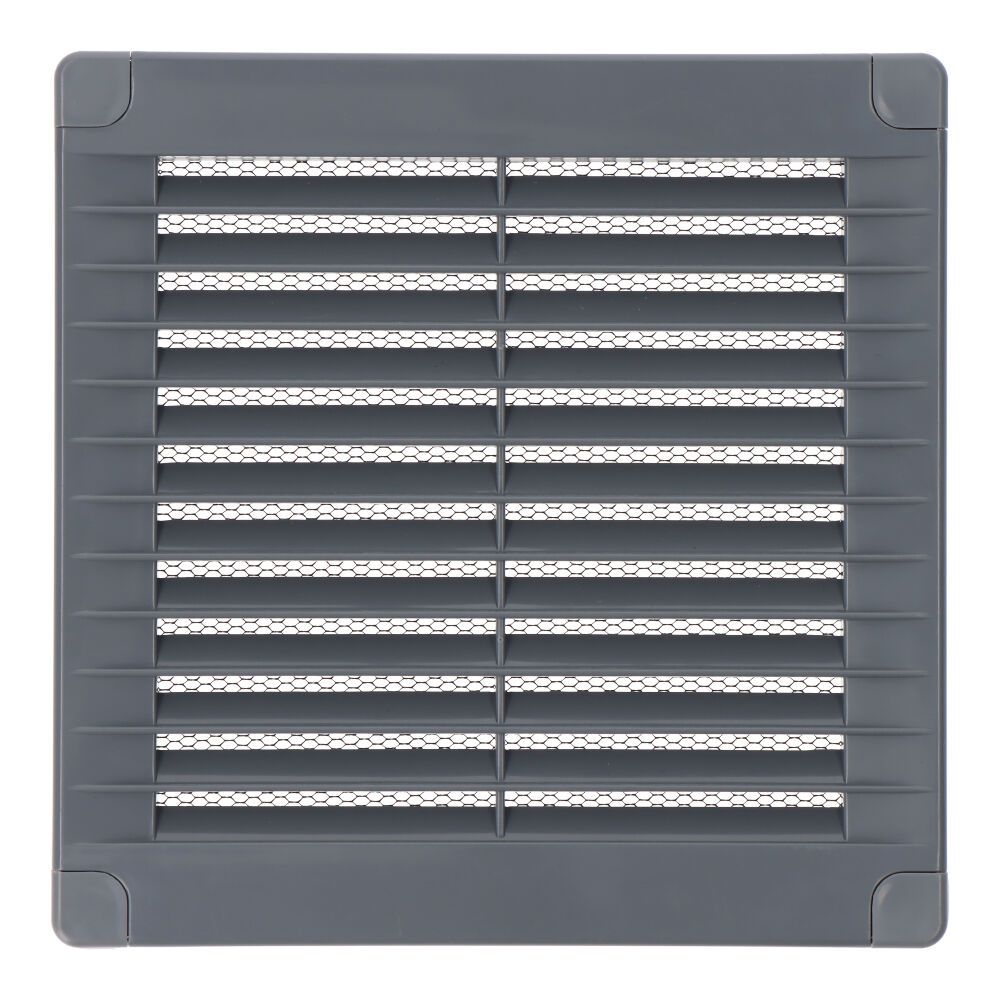REJILLA VENTILACIÓN CUADRADA CON TAPONES Y MOSQUITERA 150x150x7mm ABS GRIS