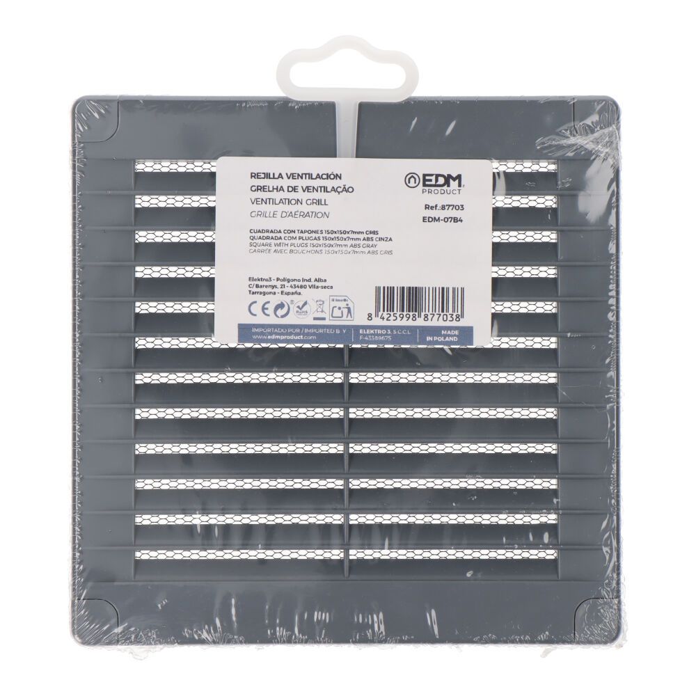 REJILLA VENTILACIÓN CUADRADA CON TAPONES Y MOSQUITERA 150x150x7mm ABS GRIS - Imagen 3