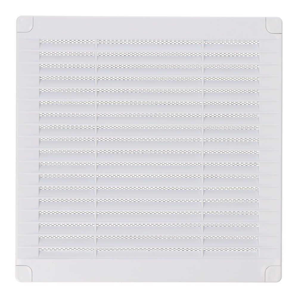REJILLA VENTILACIÓN CUADRADA CON TAPONES Y MOSQUITERA 200x200x7mm ABS BLANCA