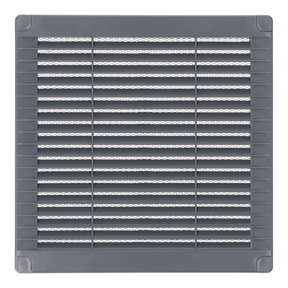 REJILLA VENTILACIÓN CUADRADA CON TAPONES Y MOSQUITERA 200x200x7mm ABS GRIS