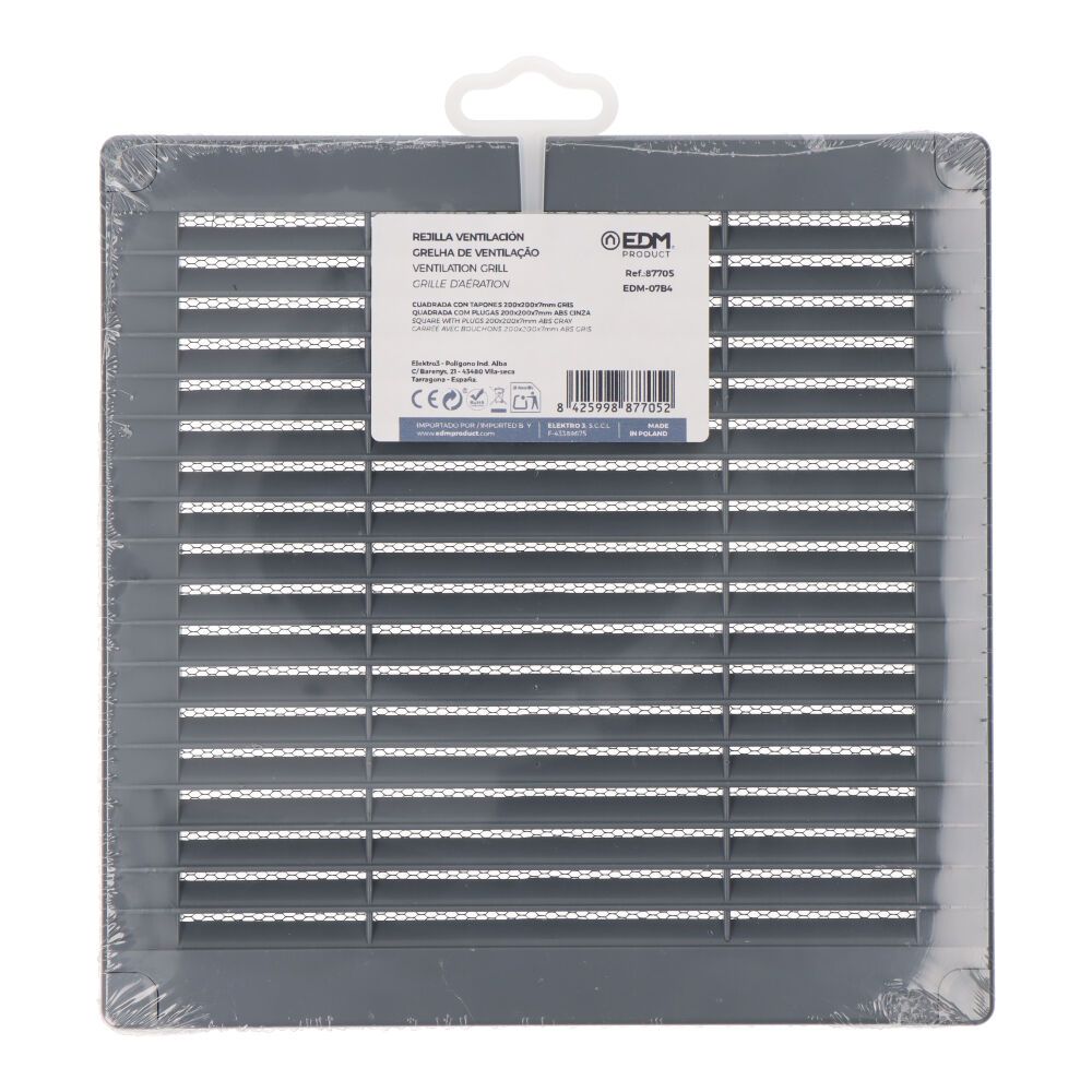 REJILLA VENTILACIÓN CUADRADA CON TAPONES Y MOSQUITERA 200x200x7mm ABS GRIS - Imagen 3