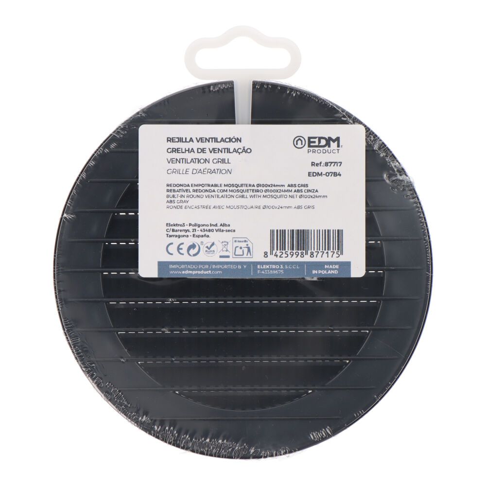 REJILLA VENTILACIÓN REDONDA EMPOTRABLE CON MOSQUITERA Ø100mm ABS GRIS ANTRACITA - Imagen 3