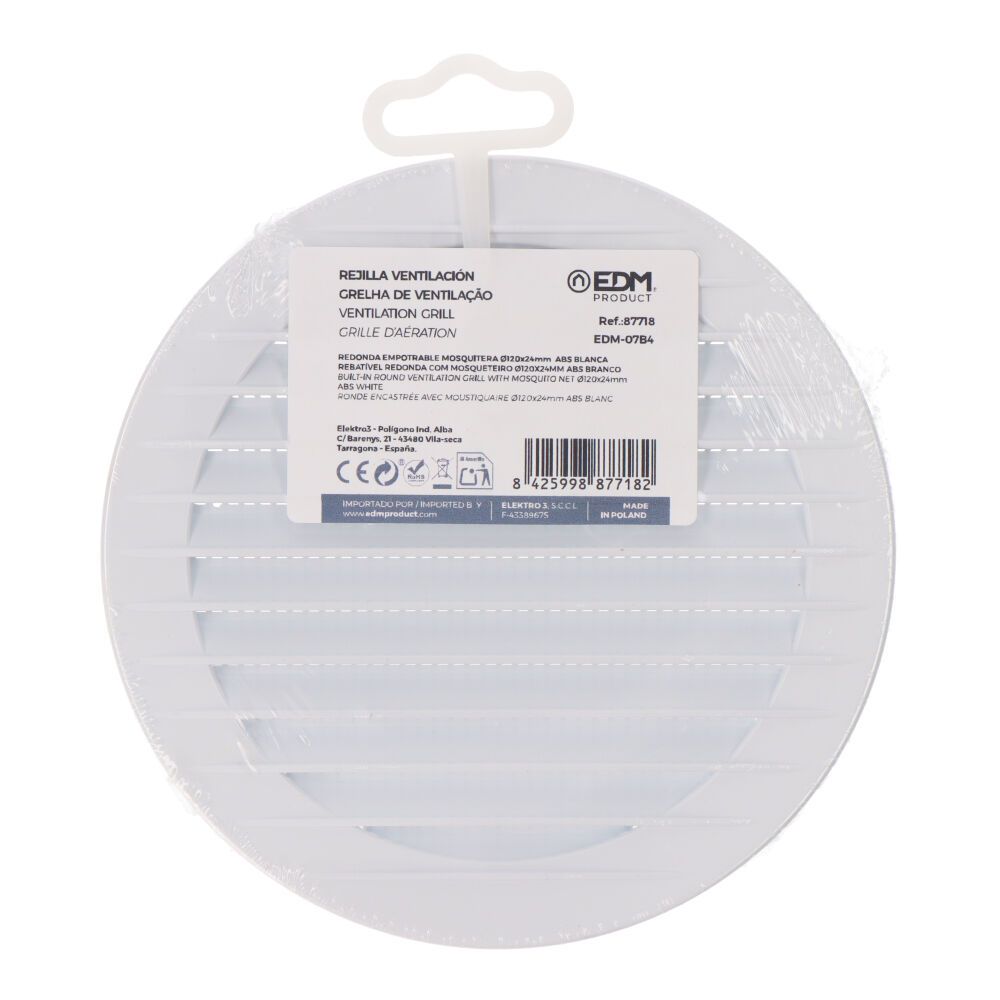REJILLA VENTILACIÓN REDONDA EMPOTRABLE CON MOSQUITERA Ø120mm ABS BLANCA - Imagen 3