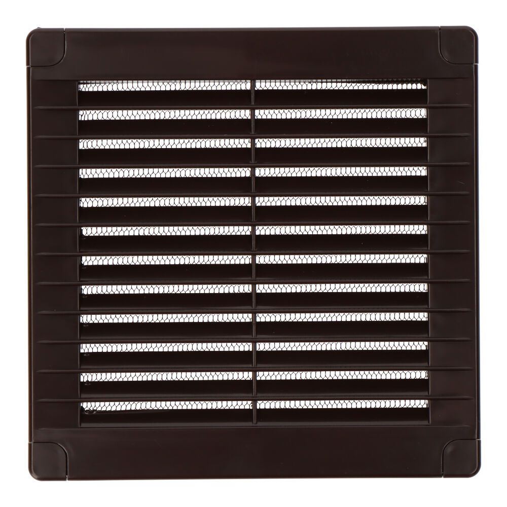 REJILLA VENTILACIÓN CUADRADA CON TAPONES Y MOSQUITERA 150x150x7mm ABS MARRÓN