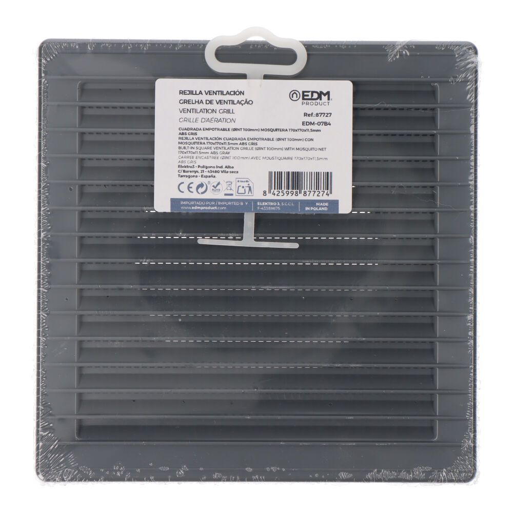 REJILLA VENTILACIÓN CUADRADA EMPOTRABLE Ø 100mm CON MOSQUITERA 170x170x11,5mm ABS GRIS - Imagen 3