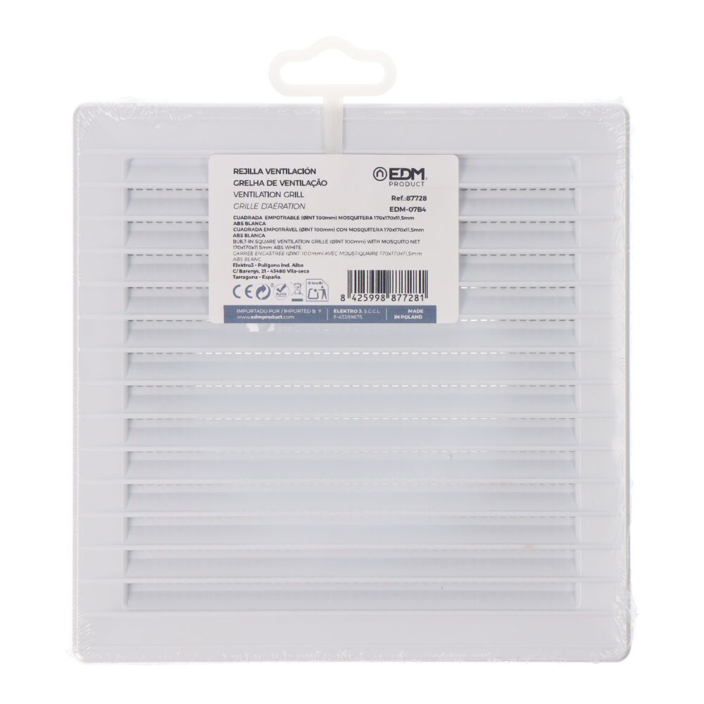 REJILLA VENTILACIÓN CUADRADA EMPOTRABLE Ø 100mm CON MOSQUITERA 170x170x10mm ABS BLANCA - Imagen 3