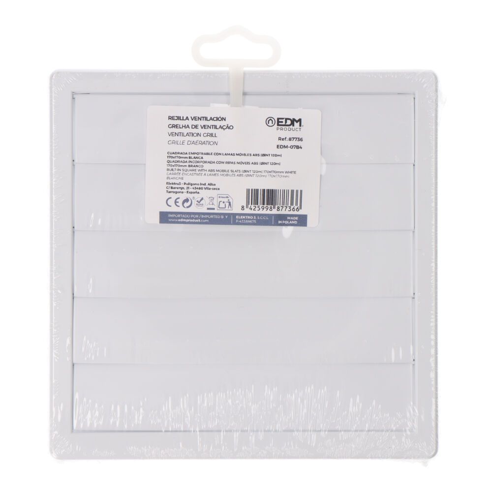 REJILLA VENTILACIÓN CUADRADA EMPOTRABLE CON LAMAS MÓVILES 170x170mm ENCLAVAMIENTO Ø120MM ABS BLANCA - Imagen 4