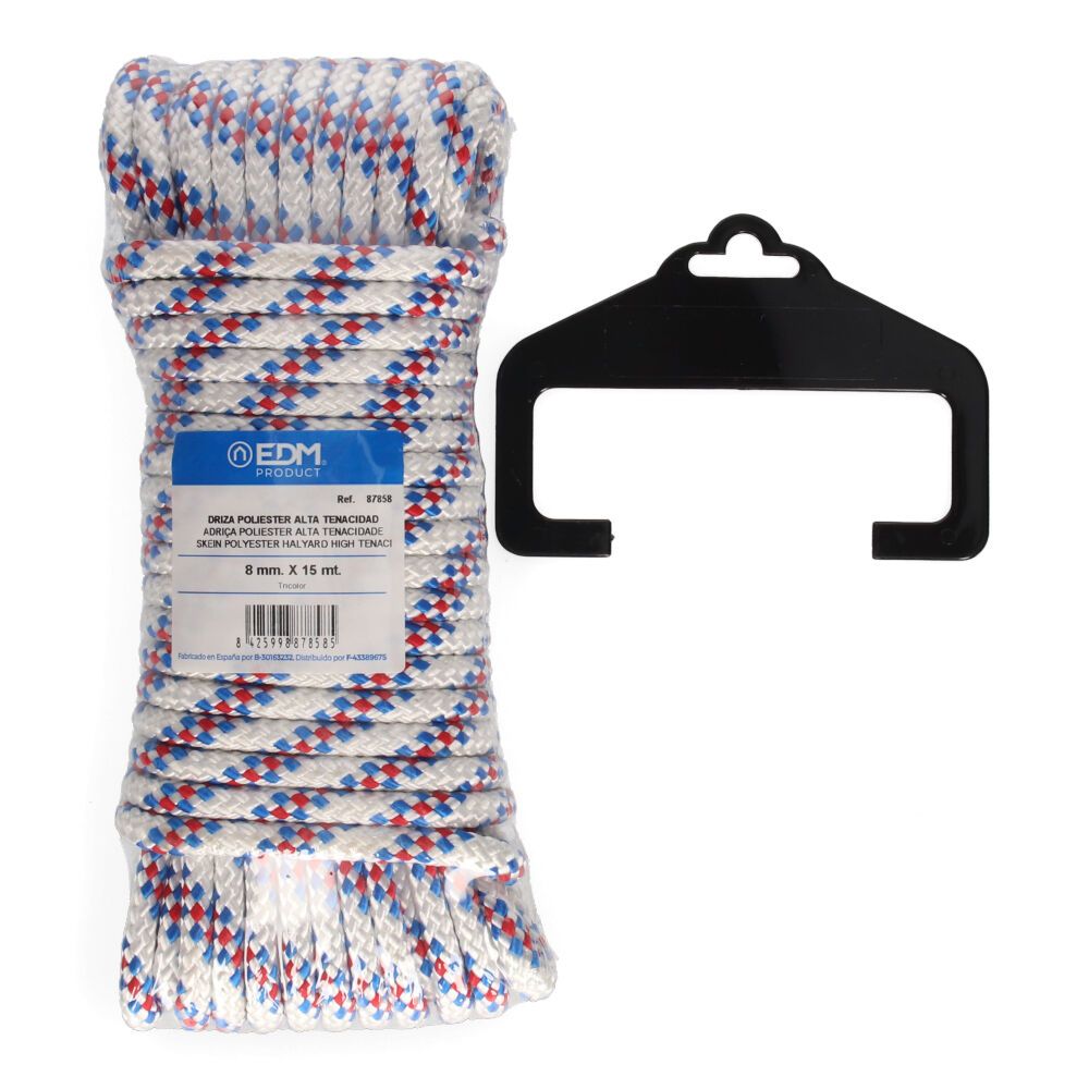 CUERDA DRIZA POLIESTER ALTA TENACIDAD TRICOLOR. CALIBRE 8 mm x 15 m