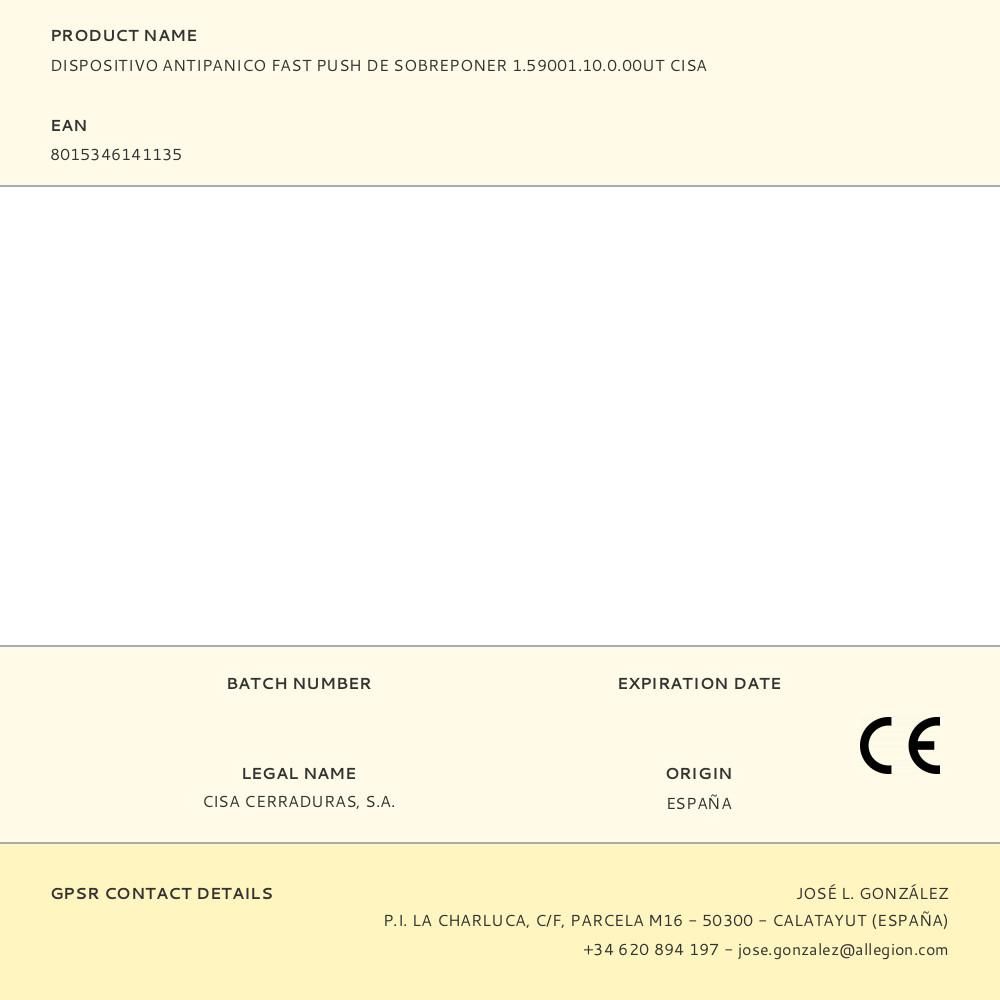 DISPOSITIVO ANTIPANICO FAST PUSH DE SOBREPONER 1.59001.10.0.00UT CISA - Imagen 2