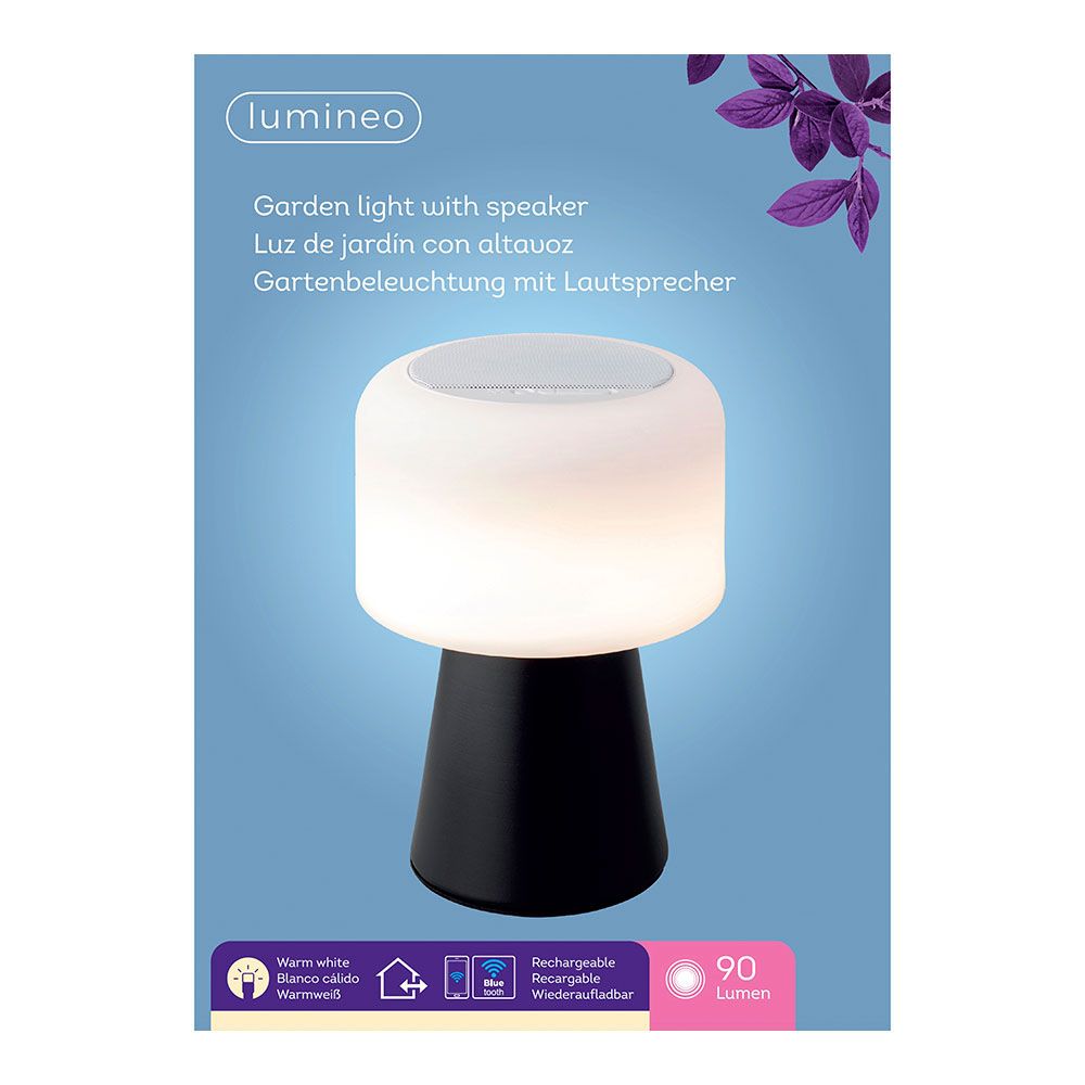 LÁMPARA LED CON ALTAVOZ BLUETOOTH RECARGABLE PARA EXTERIOR Y INTERIOR COLOR NEGRO 22,5 cm - Imagen 2