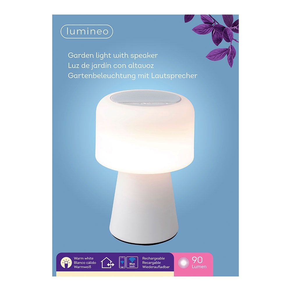LÁMPARA LED CON ALTAVOZ BLUETOOTH RECARGABLE PARA EXTERIOR Y INTERIOR COLOR BLANCO 22,5 cm - Imagen 2