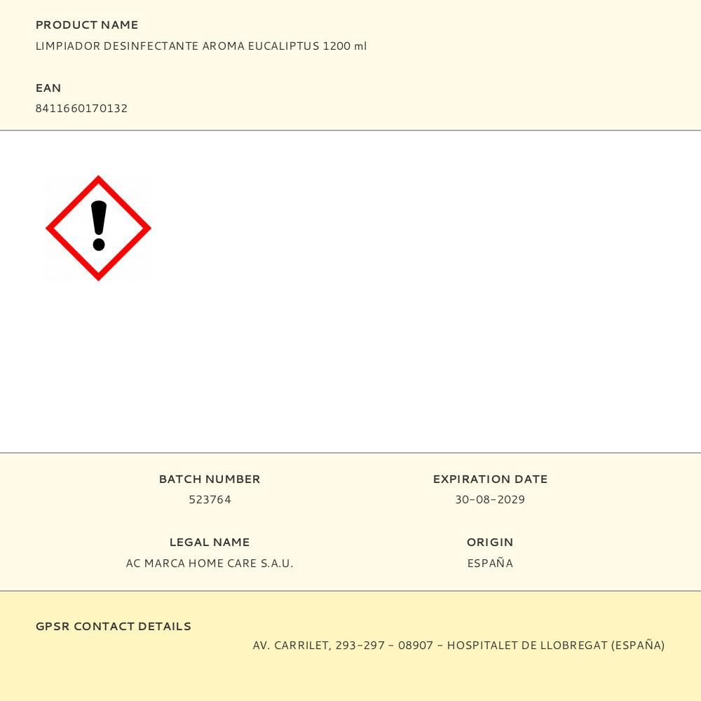 LIMPIADOR DESINFECTANTE AROMA EUCALIPTUS 1200 ml - Imagen 2
