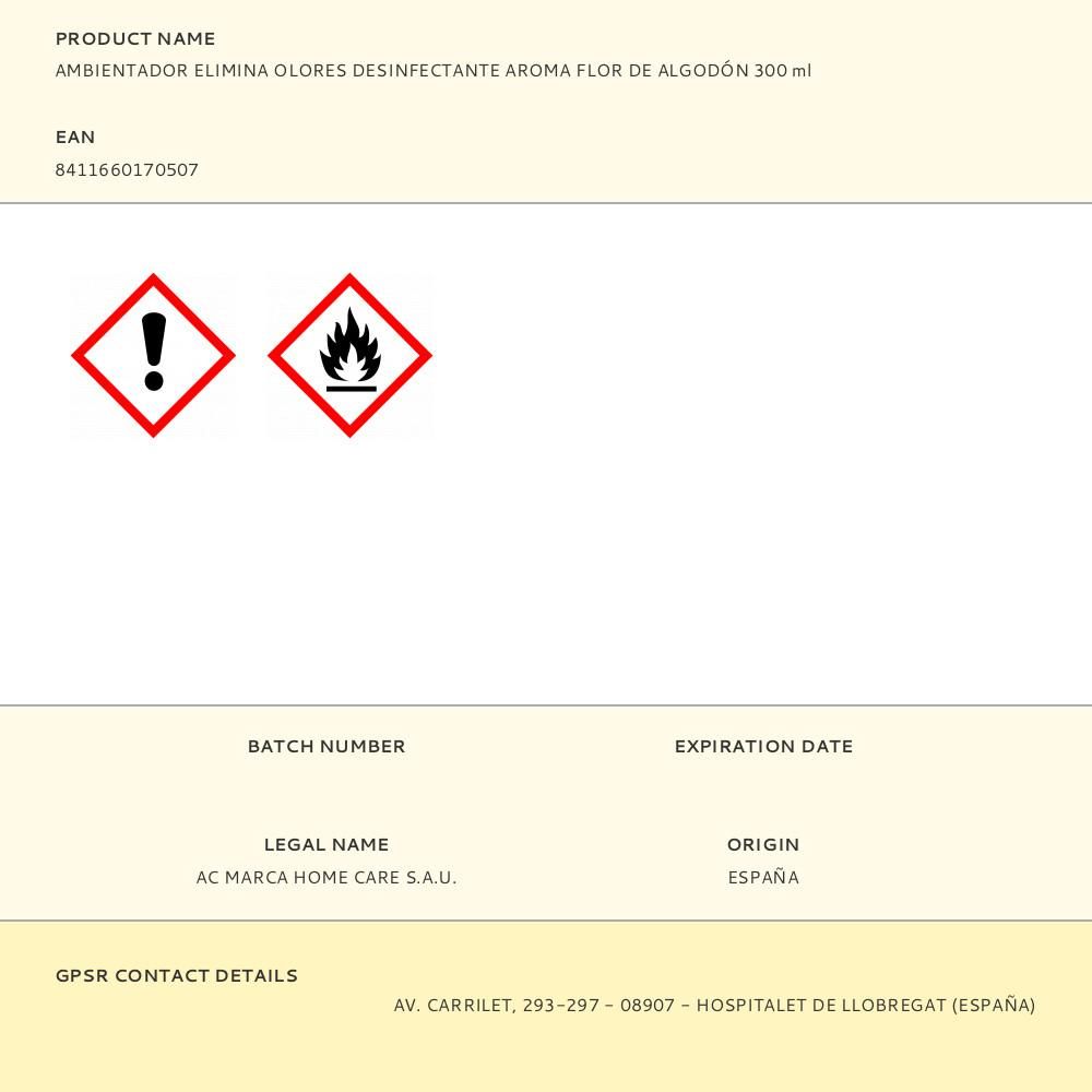AMBIENTADOR ELIMINA OLORES DESINFECTANTE AROMA FLOR DE ALGODÓN 300 ml - Imagen 2