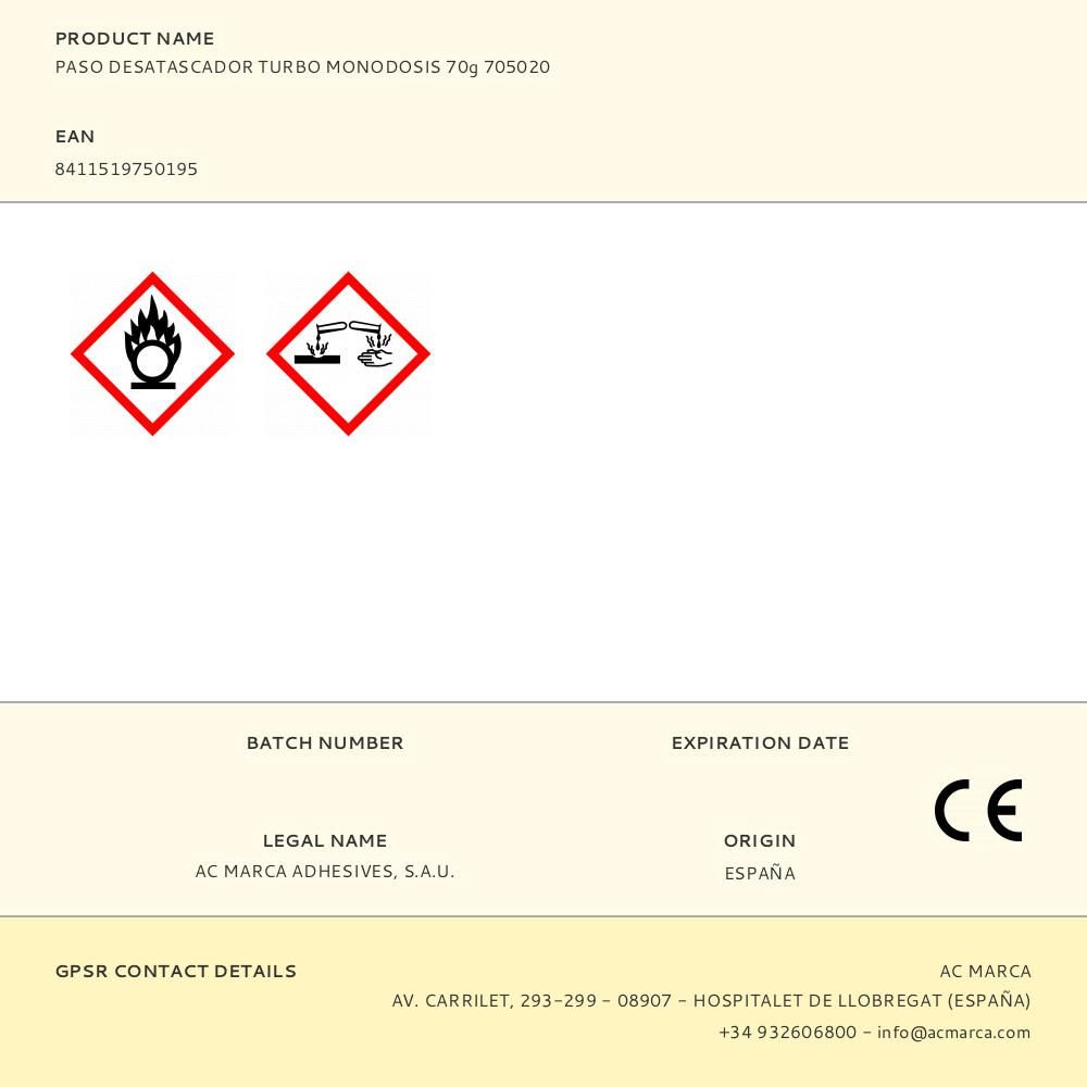 PASO DESATASCADOR TURBO MONODOSIS 70g 705020 - Imagen 2