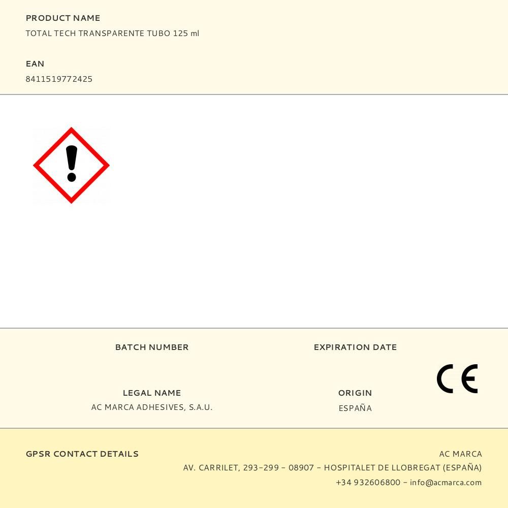 ADHESIVO SELLADOR TOTAL TECH TRANSPARENTE TUBO 125 ml - Imagen 2