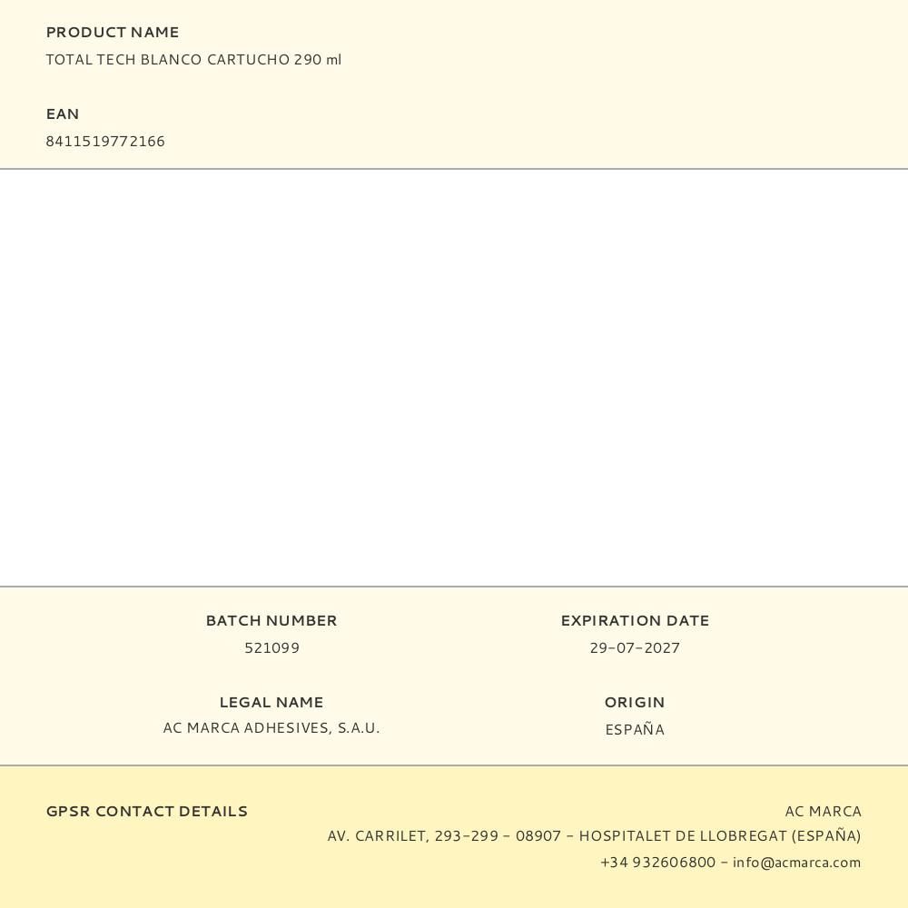 ADHESIVO SELLADOR TOTAL TECH BLANCO 290 ml - Imagen 2