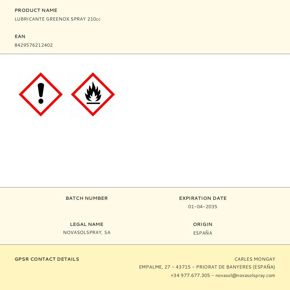 LUBRICANTE GREENOX SPRAY 210cc - Imagen 2