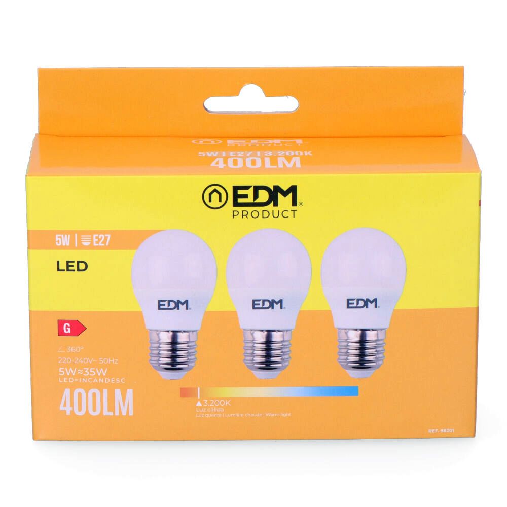 KIT 3 BOMBILLAS ESFERICAS LED E27 5 W 400 lm 3200 K LUZ CALIDA Ø4,5 x 8 cm - Imagen 2