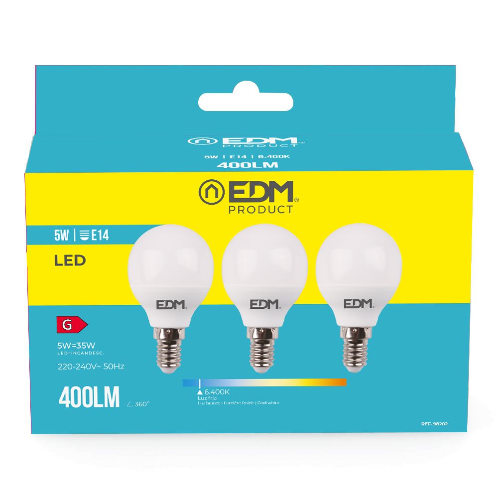 KIT 3 BOMBILLAS ESFERICAS LED E14 5 W 400 lm 6400 K LUZ FRIA Ø4,5 x 8 cm - Imagen 2