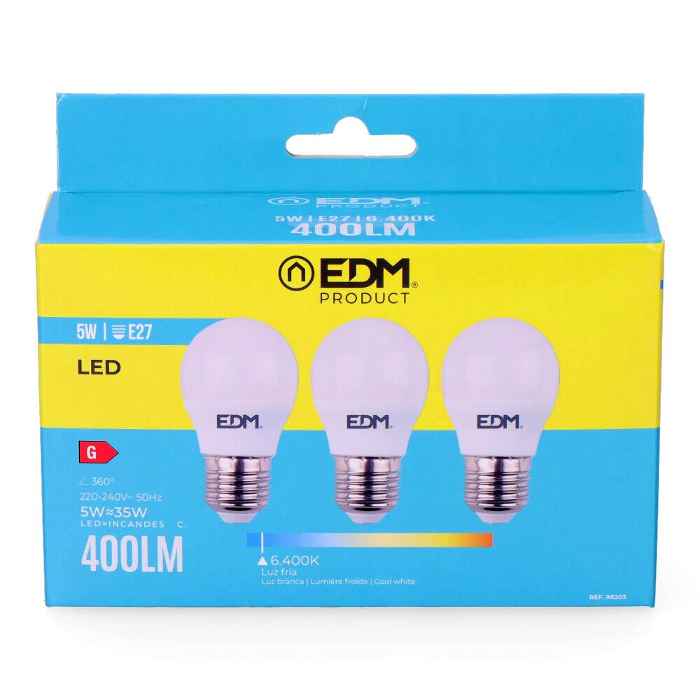 KIT 3 BOMBILLAS ESFERICAS LED E27 5 W 400 lm 6400 K LUZ FRIA Ø4,5 x 8 cm - Imagen 2